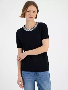 Womens Tommy Hilfiger Size XS Rhinestone Black Crewneck Top NWT
